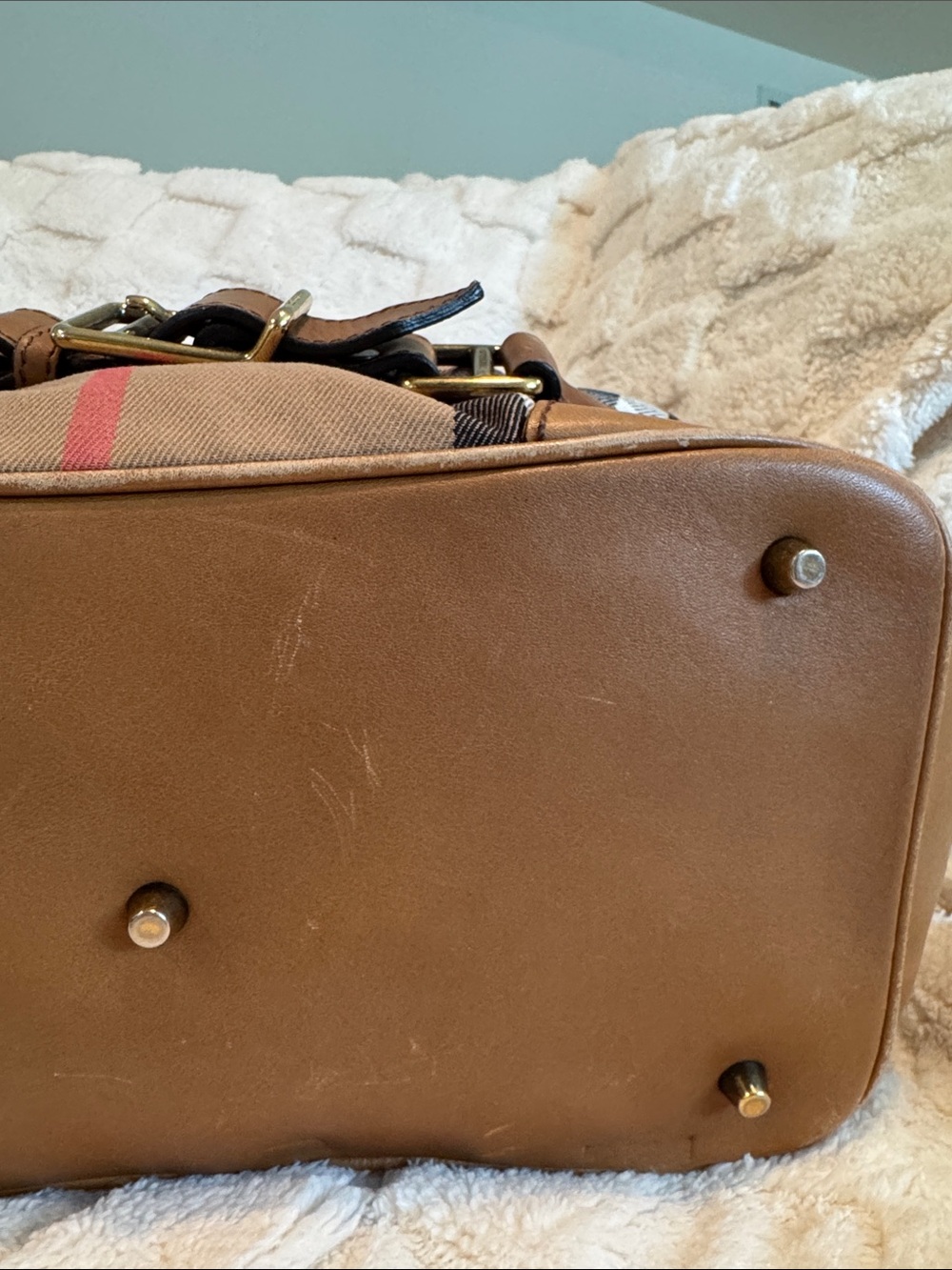 Burberry Beige Plaid and Brown Leather Satchel - Picture 7 of 15